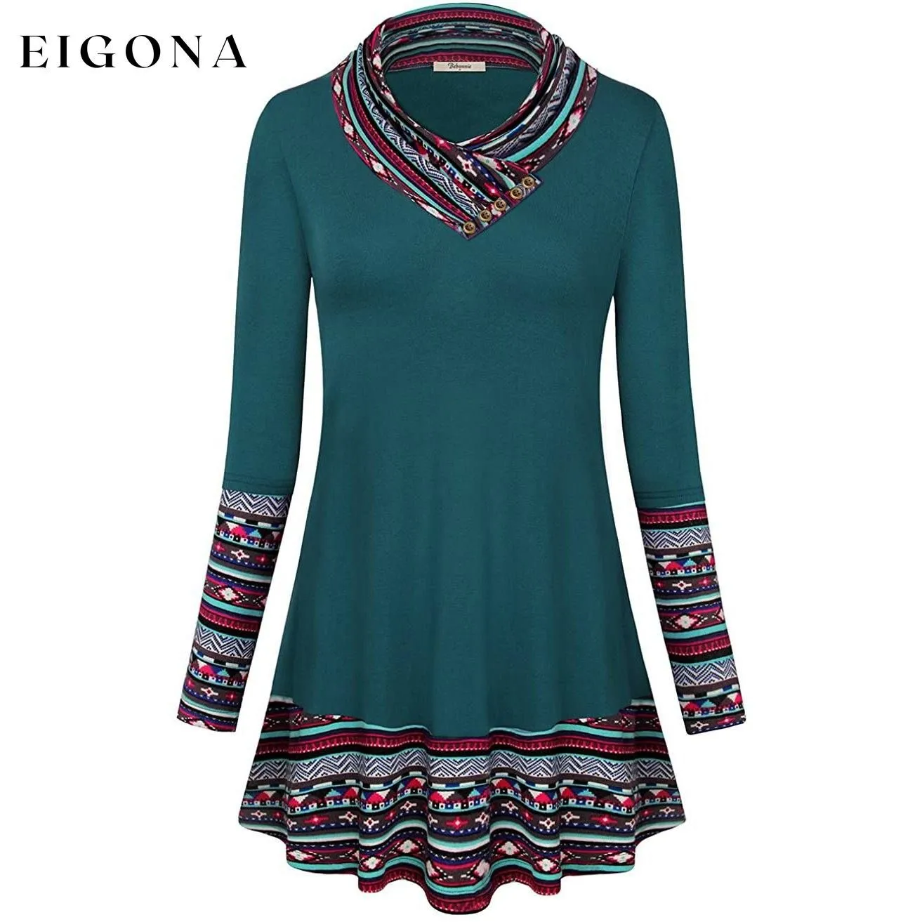 Cowl Neck Long Sleeve Patchwork Top