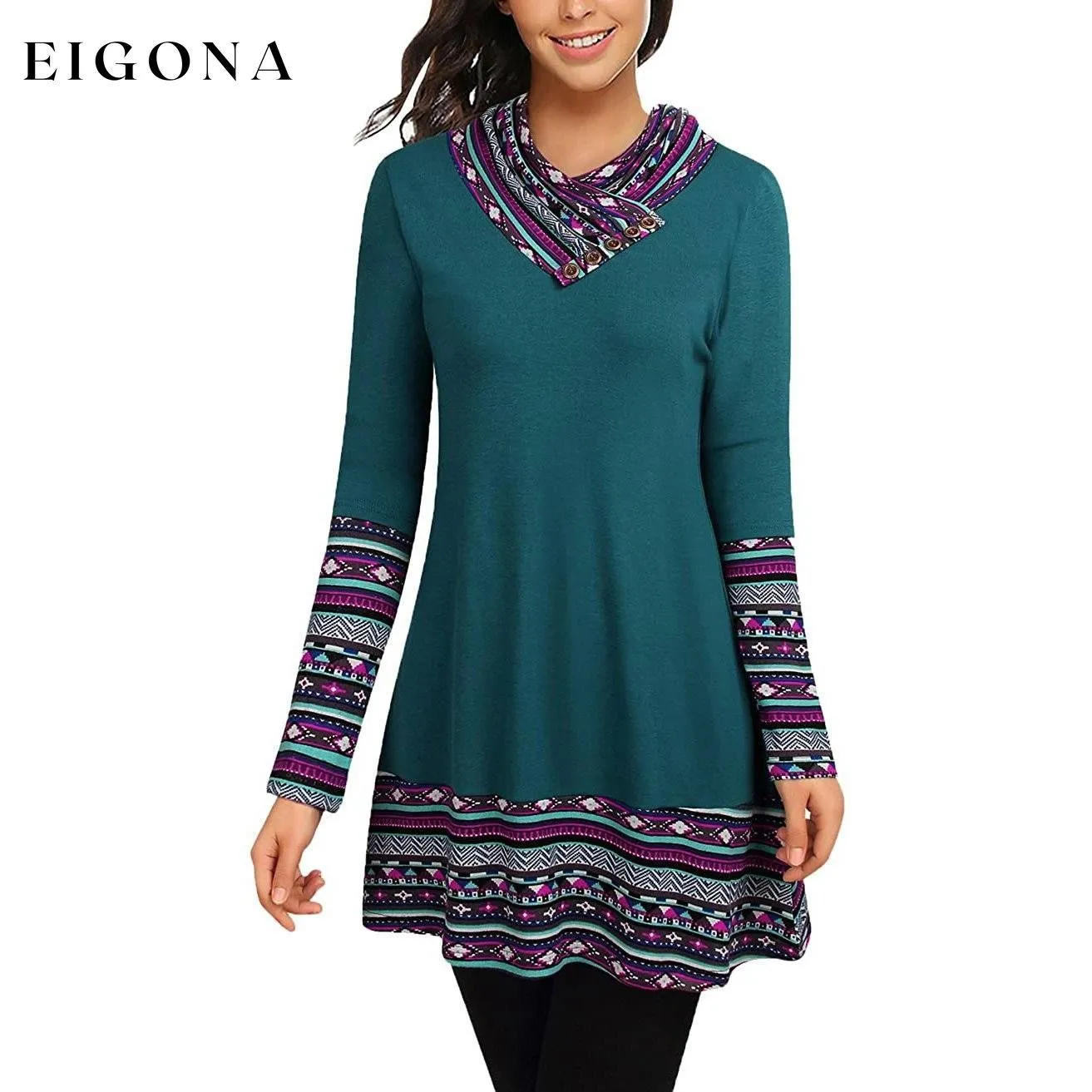Cowl Neck Long Sleeve Patchwork Top