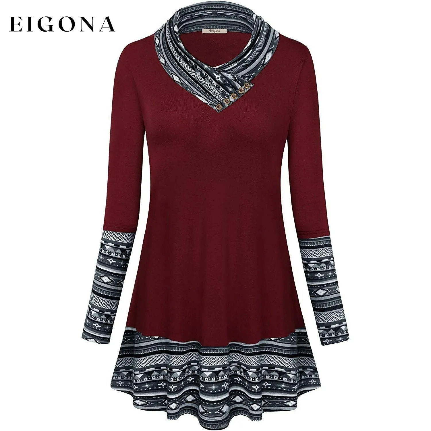 Cowl Neck Long Sleeve Patchwork Top