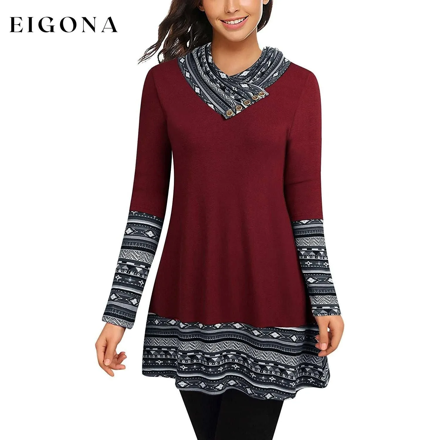 Cowl Neck Long Sleeve Patchwork Top